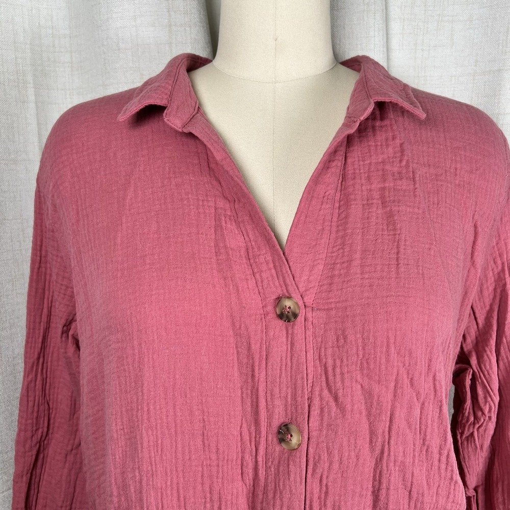 COMO VINTAGE Gauzy Roll-Tab Sleeve Button Up Tunic Top Textured Rose Pink‎ XL - Picture 2 of 11